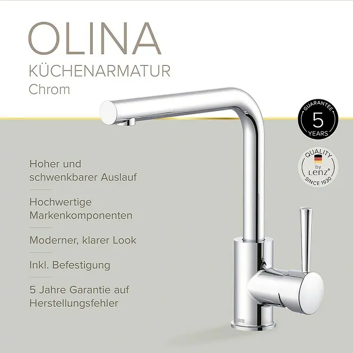 Lenz Spültischarmatur Olina - Chrom, Glänzend, Höhe: 27,7 cm, Messing - OLINA Küchenarmatur in Chrom. Hochwertiger Wasserhahn mit schwenkbarem Auslauf, ideal für jede moderne Küche. Fünf Jahre Garantie inklusive.