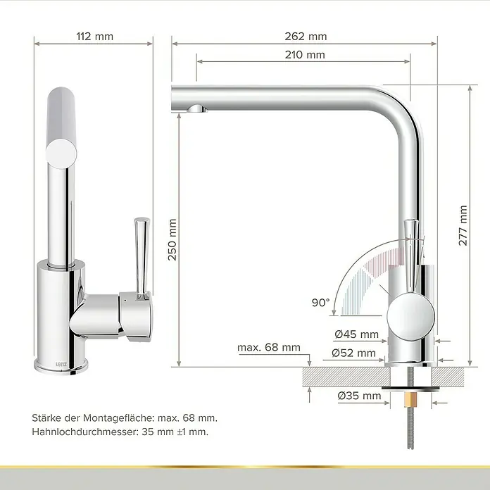 Lenz Spültischarmatur Olina - Chrom, Glänzend, Höhe: 27,7 cm, Messing - Produktabbildung eines Wasserhahns mit detaillierten Maßangaben für Installation und Design.
