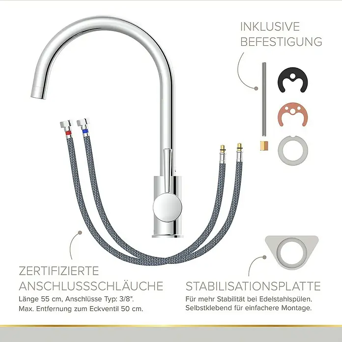 Lenz Spültischarmatur Mana - Chrom, Glänzend - Produktabbildung einer Armatur mit Anschlussschläuchen und Befestigungsmaterial für die Montage.