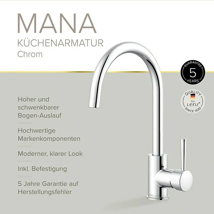 Lenz Spültischarmatur Mana - Chrom, Glänzend - Abbildung einer verchromten Küchenarmatur MANA mit hohem, schwenkbarem Auslauf und 5 Jahren Garantie.