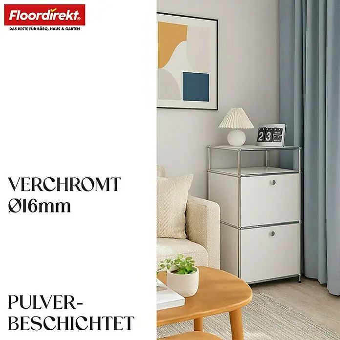 Floordirekt Metallregal Concept Epure MK-120 - 50 x 40 x 100 cm Weiß - H x B x T: 100 x 50 x 40 cm, Anzahl Böden: 4 Stk., Schrauben, Weiß - Ein modernes, weißes Aufbewahrungsmöbel mit Chromdetails, ideal für Büro oder Zuhause, abgebildet in einem stilvollen Interieur.