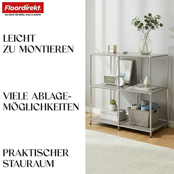 Floordirekt Metallregal Concept Epure MK-027 - 78 x 40 x 82 cm Grau - H x B x T: 82 x 78 x 40 cm, Anzahl Böden: 3 Stk., Schrauben, Grau - Ein modernes, silberfarbenes Regal mit drei Ablageflächen, dekoriert mit Pflanzen, Büchern und Körben.