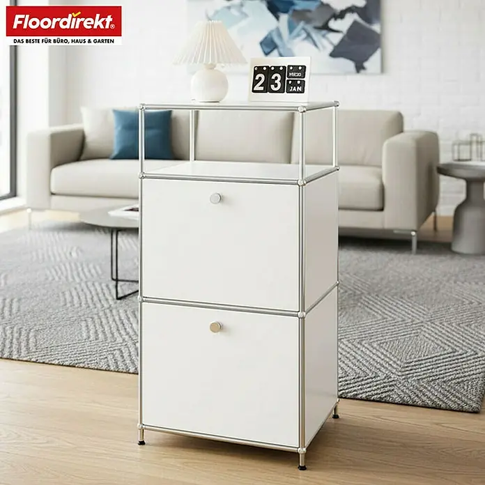 Floordirekt Metallregal Concept Epure MK-120 - 50 x 40 x 100 cm Weiß - H x B x T: 100 x 50 x 40 cm, Anzahl Böden: 4 Stk., Schrauben, Weiß - Abgebildeter USM Haller Schrank mit zwei Fächern in strahlendem Weiß, ideal für Büro oder Zuhause. Praktisch und stilvoll.