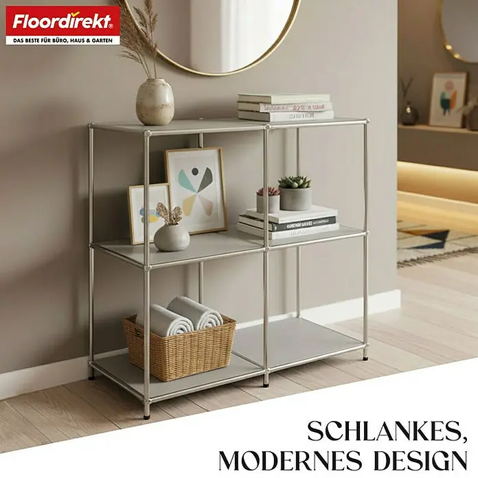 Floordirekt Metallregal Concept Epure MK-027 - 78 x 40 x 82 cm Grau - H x B x T: 82 x 78 x 40 cm, Anzahl Böden: 3 Stk., Schrauben, Grau - Modernes Bücherregal mit drei Fächern, perfekt für Büro, Haus und Garten. Schlankes Design für stilvolle Aufbewahrung.