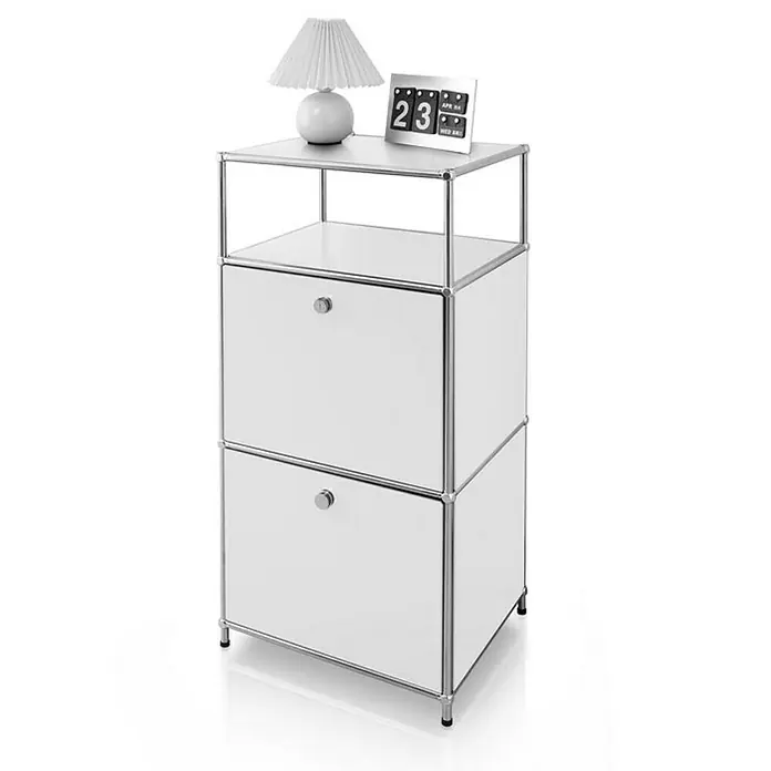 Floordirekt Metallregal Concept Epure MK-120 - 50 x 40 x 100 cm Weiß - H x B x T: 100 x 50 x 40 cm, Anzahl Böden: 4 Stk., Schrauben, Weiß - Eine elegante weiße USM Haller Kommode mit zwei Schubladen, einer Lampe und einem Kalender auf der Oberseite. Modernes Design für stilvolle Einrichtungen.