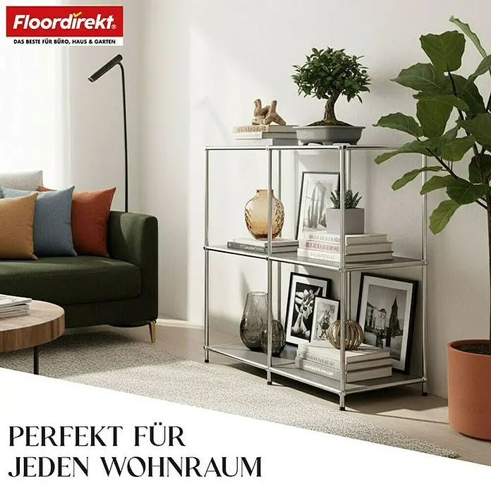 Floordirekt Metallregal Concept Epure MK-027 - 78 x 40 x 82 cm Grau - H x B x T: 82 x 78 x 40 cm, Anzahl Böden: 3 Stk., Schrauben, Grau - Elegantes, modulares Regal von Floordirekt, ideal für jeden Wohnraum, mit Deko-Elementen und Pflanzen stilvoll in Szene gesetzt.