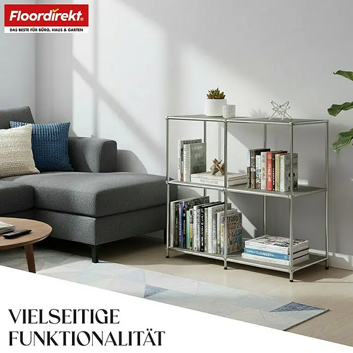 Floordirekt Metallregal Concept Epure MK-027 - 78 x 40 x 82 cm Grau - H x B x T: 82 x 78 x 40 cm, Anzahl Böden: 3 Stk., Schrauben, Grau - Das Bild zeigt ein modernes, graues Würfelregal mit Büchern in einem stilvollen Wohnzimmer, ideal für Büro und Wohnbereich.