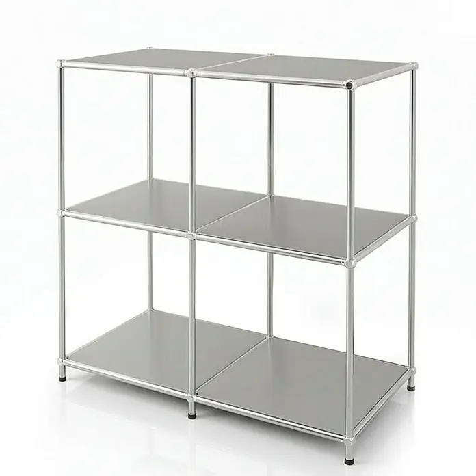 Floordirekt Metallregal Concept Epure MK-027 - 78 x 40 x 82 cm Grau - H x B x T: 82 x 78 x 40 cm, Anzahl Böden: 3 Stk., Schrauben, Grau - Das Bild zeigt ein modernes, dreistöckiges Regal mit silberfarbenen Metallrahmen und grauen Regalböden. Praktisch und stilvoll für jedes Zuhause.
