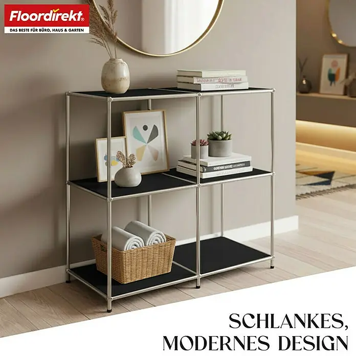 Floordirekt Metallregal Concept Epure MK-027 - 78 x 40 x 82 cm Schwarz - H x B x T: 82 x 78 x 40 cm, Anzahl Böden: 3 Stk., Schrauben, Schwarz - Elegantes Regal mit schwarzem Ablagen und silbernem Rahmen. Für stilvolle Ordnung im Wohnbereich.
