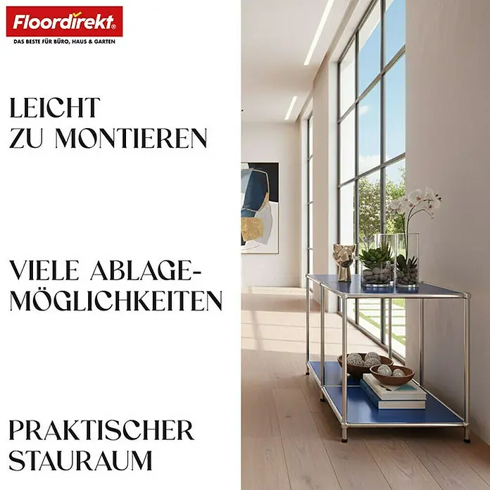 Floordirekt Metallregal Concept Epure MK-016 - 78 x 40 x 46 cm Blau - Anzahl Böden: 2 Stk., Schrauben, Blau - Blauer Tisch mit zwei Ebenen und Dekorationen in einem hellen Raum.