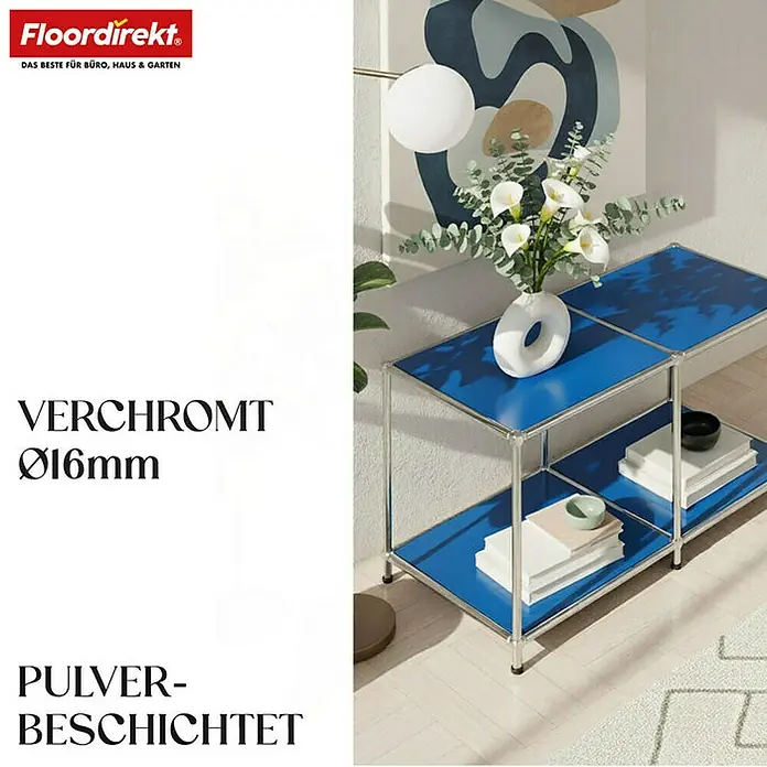 Floordirekt Metallregal Concept Epure MK-016 - 78 x 40 x 46 cm Blau - Anzahl Böden: 2 Stk., Schrauben, Blau - Elegantes Regal mit blauem Oberteil und verchromten Details, ideal für Büro und Zuhause. Das stilvolle Möbelstück bietet praktischen Stauraum und modernes Design.