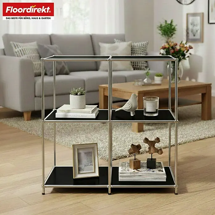 Floordirekt Metallregal Concept Epure MK-027 - 78 x 40 x 82 cm Schwarz - H x B x T: 82 x 78 x 40 cm, Anzahl Böden: 3 Stk., Schrauben, Schwarz - Modernes, quadratisches Regal mit Chromrahmen und schwarzen Regalböden, dekoriert mit Pflanzen, Figuren und Bilderrahmen.