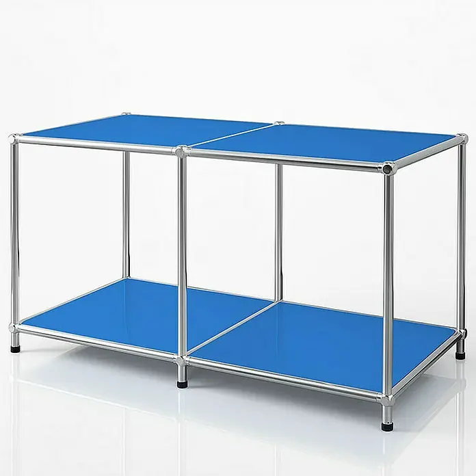 Floordirekt Metallregal Concept Epure MK-016 - 78 x 40 x 46 cm Blau - Anzahl Böden: 2 Stk., Schrauben, Blau - Abbildung eines zweistöckigen Regals mit blauem Regalbrett und silbernem Rahmen.
