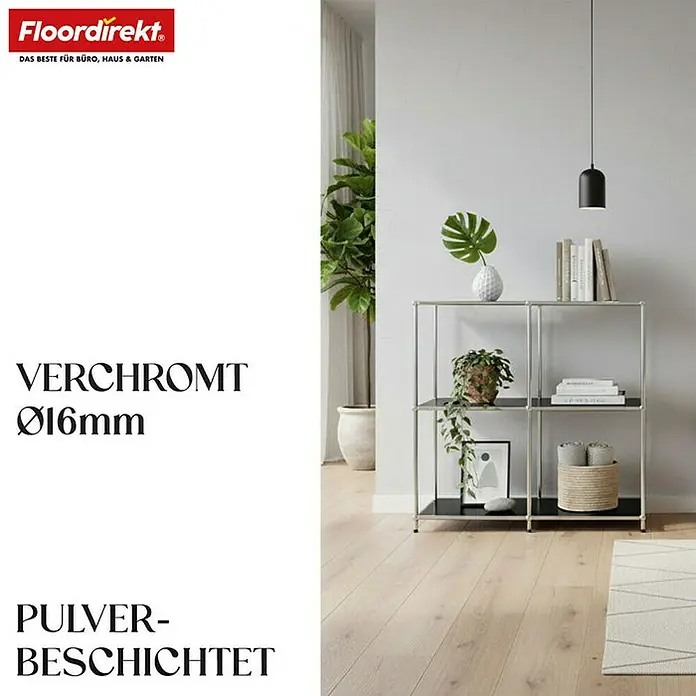 Floordirekt Metallregal Concept Epure MK-027 - 78 x 40 x 82 cm Schwarz - H x B x T: 82 x 78 x 40 cm, Anzahl Böden: 3 Stk., Schrauben, Schwarz - Das Bild zeigt ein modernes, chrombeschichtetes Regal mit schwarzem Boden vor einem stilvollen Wohnambiente.