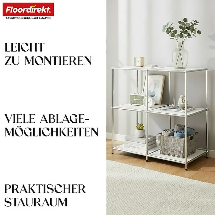 Floordirekt Metallregal Concept Epure MK-027 - 78 x 40 x 82 cm Weiß - Anzahl Böden: 3 Stk., Schrauben, Weiß - Das Bild zeigt ein stilvolles, weißes Regal mit drei Ablageflächen, ideal für Büro, Haus und Garten, präsentiert von Floordirekt.