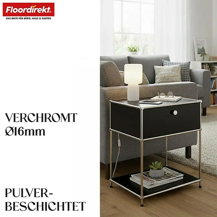 Floordirekt Metallregal Concept Epure MK-139 - 50 x 40 x 65 cm Schwarz - Anzahl Böden: 3 Stk., Schrauben, Schwarz - Elegantes schwarzes Nachtkästchen mit verchromtem Gestell, das Ihrem Schlafzimmer einen modernen Touch verleiht.