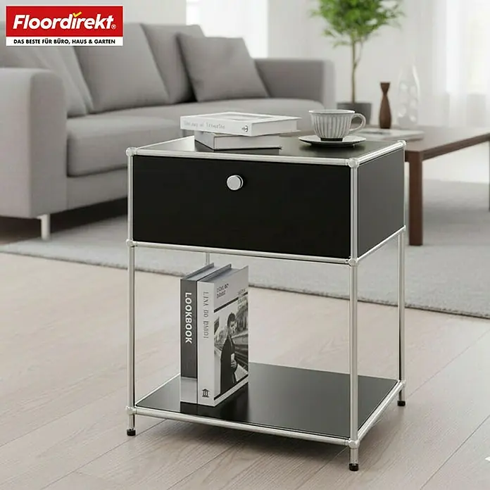 Floordirekt Metallregal Concept Epure MK-139 - 50 x 40 x 65 cm Schwarz - Anzahl Böden: 3 Stk., Schrauben, Schwarz - Elegantes schwarzes Nachtkästchen mit Schublade und Ablagefläche. Das perfekte Möbelstück für Schlafzimmer oder Wohnzimmer, um Stil und Funktionalität zu vereinen.