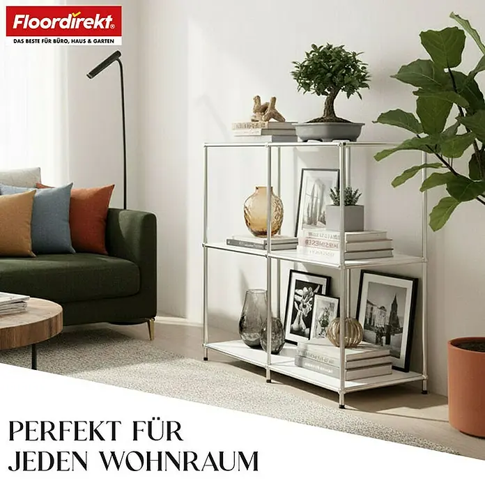 Floordirekt Metallregal Concept Epure MK-027 - 78 x 40 x 82 cm Weiß - Anzahl Böden: 3 Stk., Schrauben, Weiß - Einrichtungsidee mit modernem, weißem Regal. Das Regal bietet Platz für Bücher und Dekoration in einem modernen Wohnzimmer.