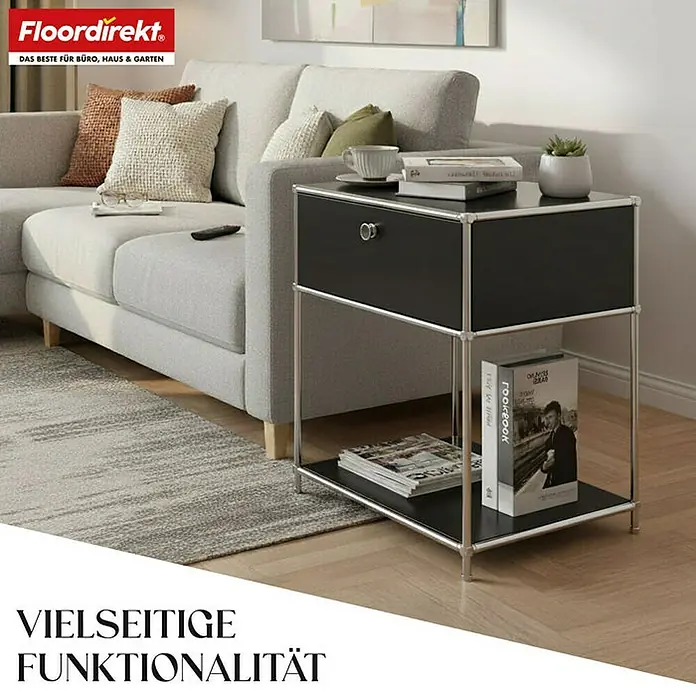 Floordirekt Metallregal Concept Epure MK-139 - 50 x 40 x 65 cm Schwarz - Anzahl Böden: 3 Stk., Schrauben, Schwarz - Nachttisch mit einer Schublade, schwarzer Tischplatte und Ablagefläche, ideal für Wohn- und Schlafzimmer.