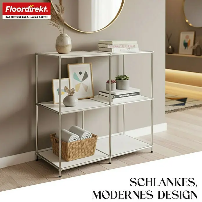 Floordirekt Metallregal Concept Epure MK-027 - 78 x 40 x 82 cm Weiß - Anzahl Böden: 3 Stk., Schrauben, Weiß - Elegantes, modernes Design: Das schmale Regal mit weißen Ablagen und silbernen Rahmen bietet viel Stauraum für Büro, Haus und Garten.