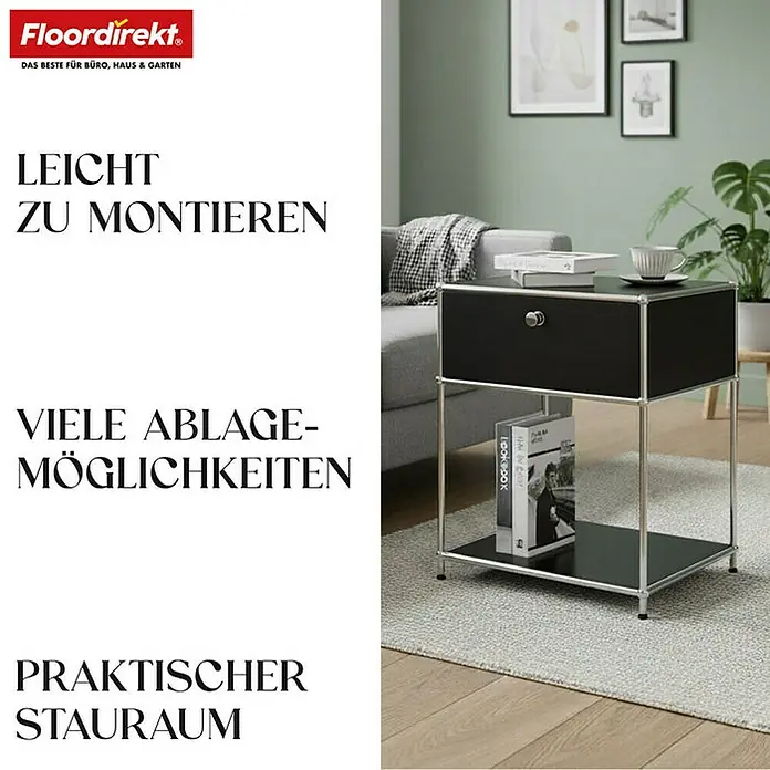 Floordirekt Metallregal Concept Epure MK-139 - 50 x 40 x 65 cm Schwarz - Anzahl Böden: 3 Stk., Schrauben, Schwarz - Ein moderner, schwarzer Nachttisch mit Ablagefächern und Chromgestell für zusätzlichen Stauraum.