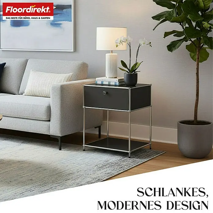 Floordirekt Metallregal Concept Epure MK-139 - 50 x 40 x 65 cm Schwarz - Anzahl Böden: 3 Stk., Schrauben, Schwarz - Elegantes Möbelstück mit einer Schublade und Regal. Passt perfekt in moderne Wohnräume und bietet praktischen Stauraum.