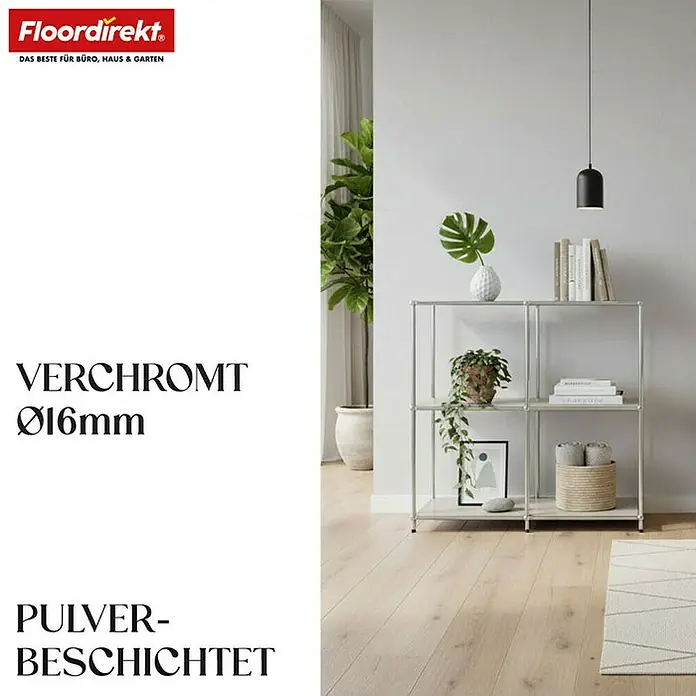 Floordirekt Metallregal Concept Epure MK-027 - 78 x 40 x 82 cm Weiß - Anzahl Böden: 3 Stk., Schrauben, Weiß - Das Bild zeigt ein stilvolles, silbernes Regal, das perfekt für die Aufbewahrung und Dekoration in modernen Wohnräumen geeignet ist.