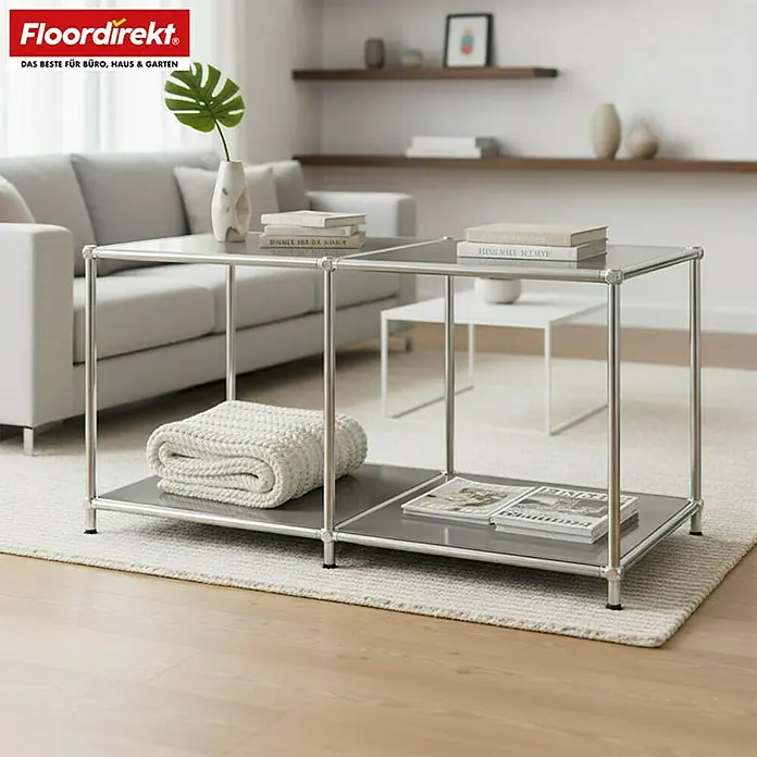 Floordirekt Metallregal Concept Epure MK-016 - 78 x 40 x 46 cm Grau - H x B x T: 46 x 78 x 40 cm, Anzahl Böden: 2 Stk., Schrauben, Grau - Ein moderner Couchtisch mit Glasplatte und Ablagefach im Wohnzimmer, ideal für Bücher und Dekoration.