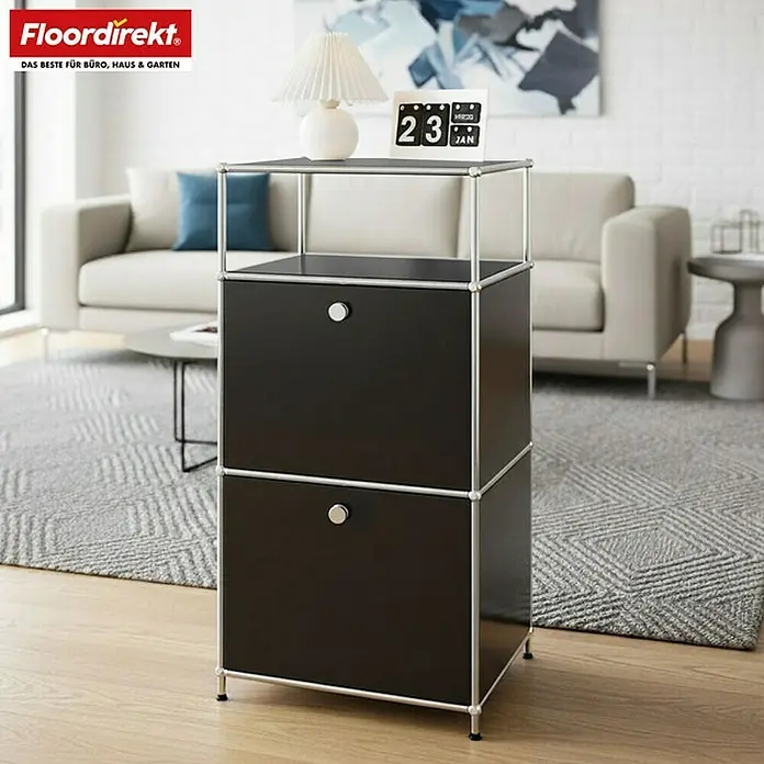 Floordirekt Metallregal Concept Epure MK-120 - 50 x 40 x 100 cm Schwarz - H x B x T: 100 x 50 x 40 cm, Anzahl Böden: 4 Stk., Schrauben, Schwarz - Elegantes schwarzes USM Haller Sideboard mit zwei Fächern, ideal für Büro oder Zuhause.