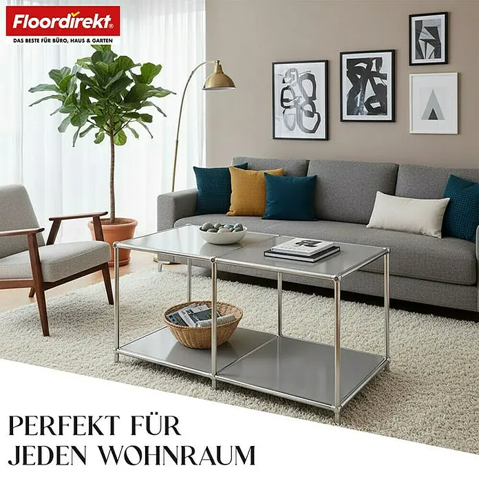 Floordirekt Metallregal Concept Epure MK-016 - 78 x 40 x 46 cm Grau - H x B x T: 46 x 78 x 40 cm, Anzahl Böden: 2 Stk., Schrauben, Grau - Wohnzimmer mit grauem Sofa, Couchtisch mit Ablage, Sessel und Zimmerpflanze.