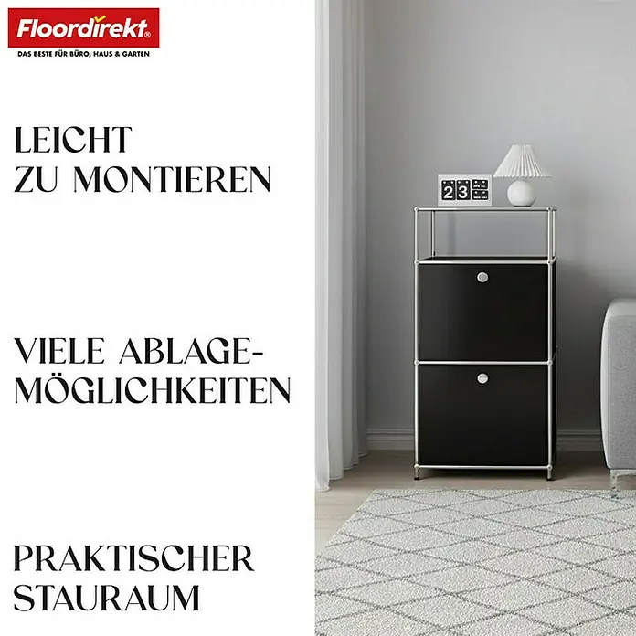 Floordirekt Metallregal Concept Epure MK-120 - 50 x 40 x 100 cm Schwarz - H x B x T: 100 x 50 x 40 cm, Anzahl Böden: 4 Stk., Schrauben, Schwarz - Elegantes schwarzes Regal mit zwei Schubladen und silbernem Rahmen, ideal für Büro und Zuhause. Es bietet praktischen Stauraum.