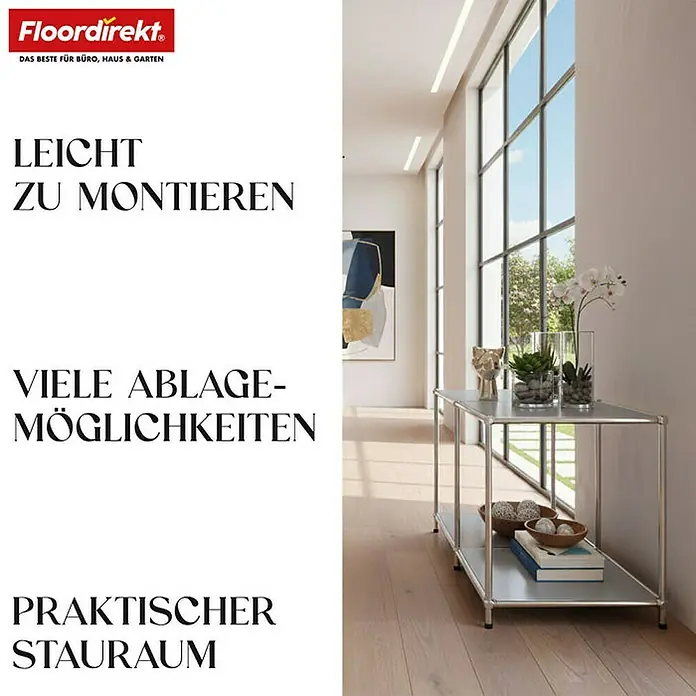 Floordirekt Metallregal Concept Epure MK-016 - 78 x 40 x 46 cm Grau - H x B x T: 46 x 78 x 40 cm, Anzahl Böden: 2 Stk., Schrauben, Grau - Elegantes Regal mit zwei Ablageflächen bietet praktischen Stauraum und vielseitige Ablagemöglichkeiten für Büro, Haus und Garten.