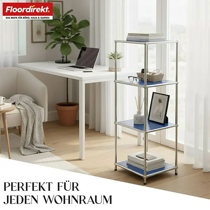 Floordirekt Metallregal Concept Epure MK-005 - 30 x 30 x 89 cm Blau - H x B x T: 89 x 30 x 30 cm, Anzahl Böden: 4 Stk., Schrauben, Blau - Modernes Regal mit drei Ebenen und blauem Akzent, ideal für Büro, Haus und Garten.