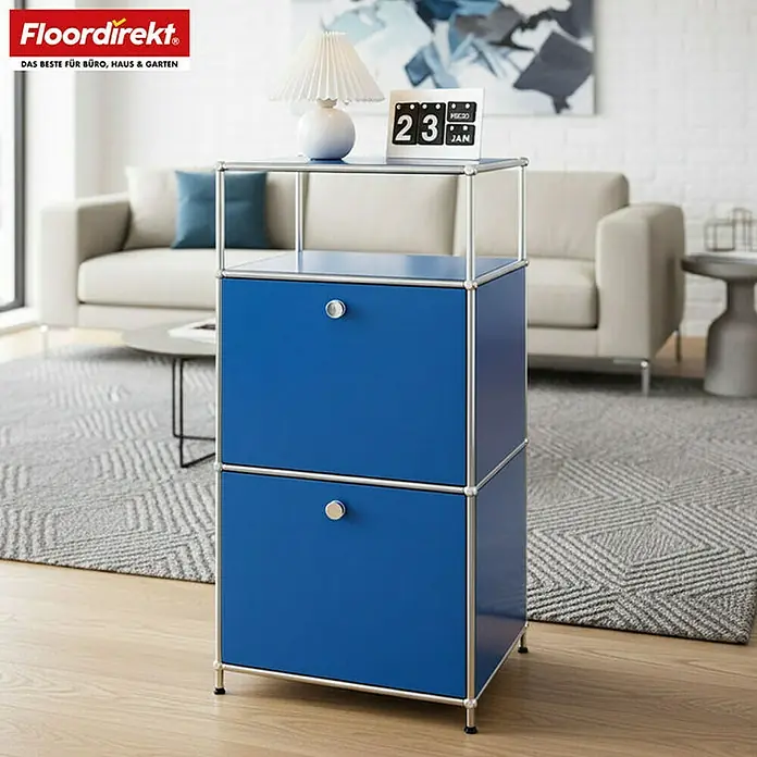 Floordirekt Metallregal Concept Epure MK-120 - 50 x 40 x 100 cm Blau - Anzahl Böden: 4 Stk., Schrauben, Blau - USM Haller Sideboard in Blau mit zwei Schubladen, ideal für Büro und Zuhause. Stilvolles Design für moderne Einrichtung.
