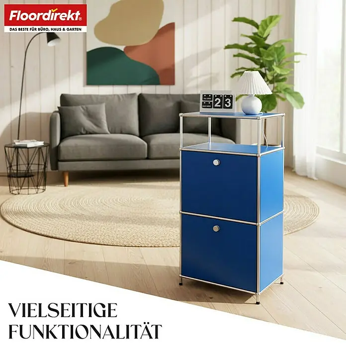 Floordirekt Metallregal Concept Epure MK-120 - 50 x 40 x 100 cm Blau - Anzahl Böden: 4 Stk., Schrauben, Blau - Ein blaues, modulares Aufbewahrungsmöbelstück mit zwei Fächern in einem stilvollen Wohnzimmer.