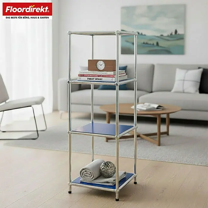 Floordirekt Metallregal Concept Epure MK-005 - 30 x 30 x 89 cm Blau - H x B x T: 89 x 30 x 30 cm, Anzahl Böden: 4 Stk., Schrauben, Blau - Bild eines modernen Regals mit drei Ablagen, ideal für Büro, Haus und Garten. Das Regal ist aus Metall gefertigt und bietet viel Stauraum.
