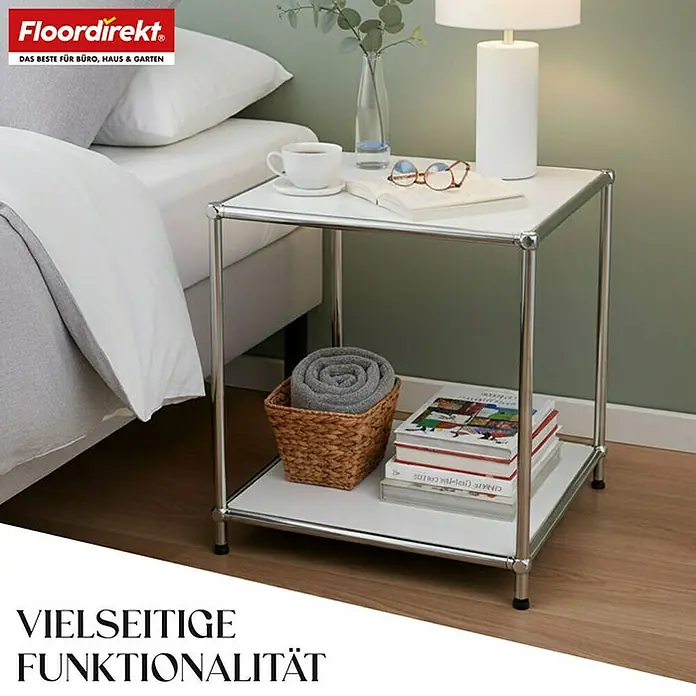 Floordirekt Metallregal Concept Epure MK-012 - 40 x 40 x 46 cm Weiß - H x B x T: 46 x 40 x 40 cm, Anzahl Böden: 2 Stk., Schrauben, Weiß - Elegantes Schlafzimmer mit einem weißen Nachttisch mit Ablagefläche und stilvollen Accessoires für das moderne Zuhause.