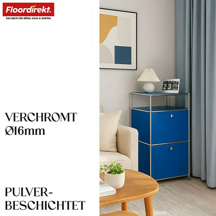 Floordirekt Metallregal Concept Epure MK-120 - 50 x 40 x 100 cm Blau - Anzahl Böden: 4 Stk., Schrauben, Blau - Produktansicht: Ein blaues Regal mit Chromrahmen, Teil einer modernen Wohnungseinrichtung.