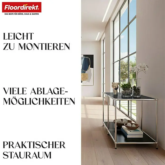 Floordirekt Metallregal Concept Epure MK-016 - 78 x 40 x 46 cm Schwarz - H x B x T: 46 x 78 x 40 cm, Anzahl Böden: 2 Stk., Schrauben, Schwarz - Ein Foto von Floordirekt-Produkten mit den Worten „Leicht zu montieren“, „Viele Ablagemöglichkeiten“ und „Praktischer Stauraum“.