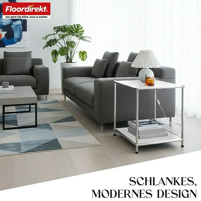 Floordirekt Metallregal Concept Epure MK-012 - 40 x 40 x 46 cm Weiß - H x B x T: 46 x 40 x 40 cm, Anzahl Böden: 2 Stk., Schrauben, Weiß - Helles Wohnzimmer mit grauer Couchgarnitur, einem Couchtisch und einem Beistelltisch mit Lampe von Floordirekt.