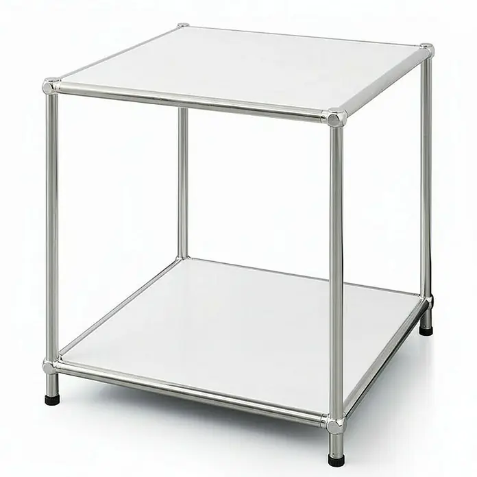 Floordirekt Metallregal Concept Epure MK-012 - 40 x 40 x 46 cm Weiß - H x B x T: 46 x 40 x 40 cm, Anzahl Böden: 2 Stk., Schrauben, Weiß - Produktansicht eines modernen, quadratischen Beistelltischs mit zwei weißen Flächen und einem Gestell aus verchromtem Metall.