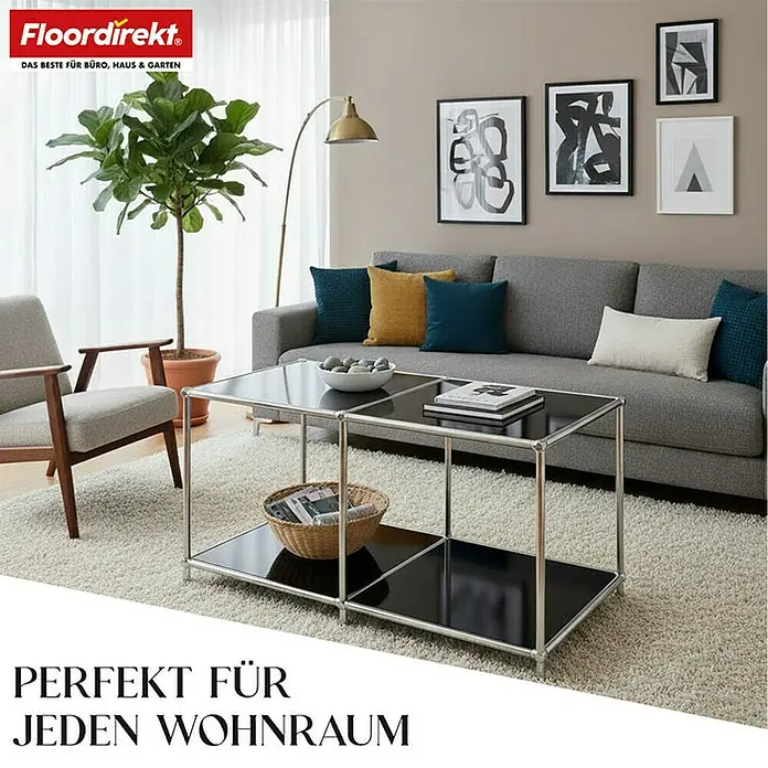 Floordirekt Metallregal Concept Epure MK-016 - 78 x 40 x 46 cm Schwarz - H x B x T: 46 x 78 x 40 cm, Anzahl Böden: 2 Stk., Schrauben, Schwarz - Wohnzimmer mit einem stilvollen Couchtisch mit schwarzer Oberfläche und einem modernen Design, perfekt für jeden Wohnraum.