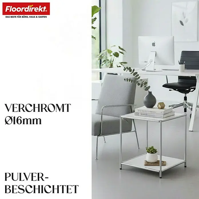 Floordirekt Metallregal Concept Epure MK-012 - 40 x 40 x 46 cm Weiß - H x B x T: 46 x 40 x 40 cm, Anzahl Böden: 2 Stk., Schrauben, Weiß - Das Bild zeigt einen modernen Beistelltisch mit einem verchromten Gestell und einer weißen Tischplatte.