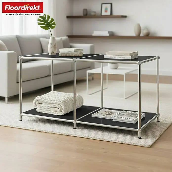 Floordirekt Metallregal Concept Epure MK-016 - 78 x 40 x 46 cm Schwarz - H x B x T: 46 x 78 x 40 cm, Anzahl Böden: 2 Stk., Schrauben, Schwarz - Stylischer Couchtisch mit schwarzer Tischplatte und silbernem Gestell. Ideal für Wohnzimmer oder Büro.