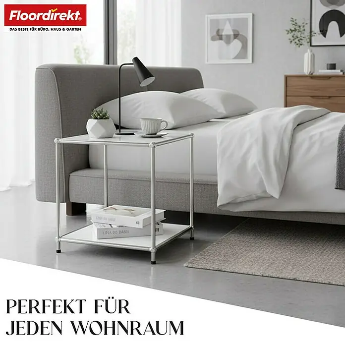 Floordirekt Metallregal Concept Epure MK-012 - 40 x 40 x 46 cm Weiß - H x B x T: 46 x 40 x 40 cm, Anzahl Böden: 2 Stk., Schrauben, Weiß - Ein elegantes Schlafzimmer-Interieur mit einem Nachttisch aus Metall und einer stilvollen Lampe, das perfekte Möbelstück für Ihr Zuhause.