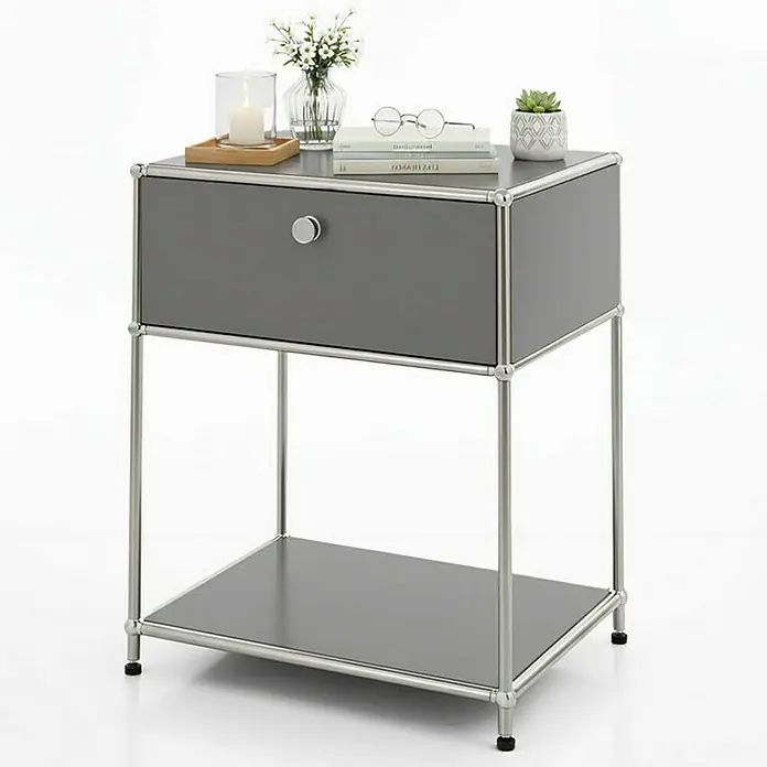 Floordirekt Metallregal Concept Epure MK-139 - 50 x 40 x 65 cm Grau - H x B x T: 65 x 50 x 40 cm, Anzahl Böden: 3 Stk., Schrauben, Grau - Elegantes graues Nachtkästchen mit Schublade und Ablagefläche, ideal für moderne Schlafzimmer. Das schlichte Design fügt sich nahtlos ein.