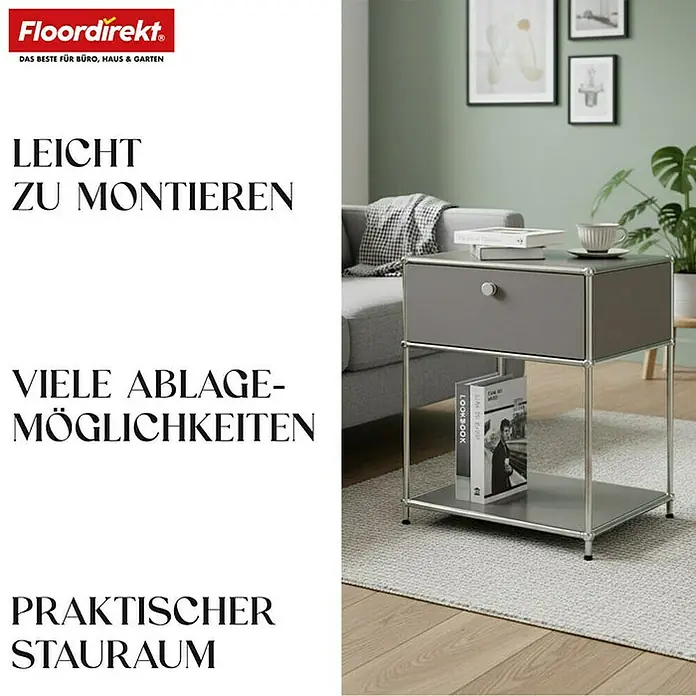 Floordirekt Metallregal Concept Epure MK-139 - 50 x 40 x 65 cm Grau - H x B x T: 65 x 50 x 40 cm, Anzahl Böden: 3 Stk., Schrauben, Grau - Grauer Nachttisch mit Schublade und Ablagefläche. Leicht zu montieren, bietet viel Stauraum und Ablagemöglichkeiten.