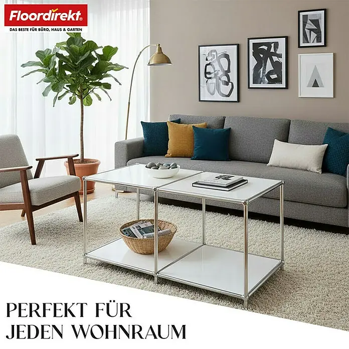 Floordirekt Metallregal Concept Epure MK-016 - 78 x 40 x 46 cm Weiß - H x B x T: 46 x 78 x 40 cm, Anzahl Böden: 2 Stk., Schrauben, Weiß - Wohnzimmer mit einem grauen Sofa, einem Sessel und einem modernen, weißen Couchtisch.