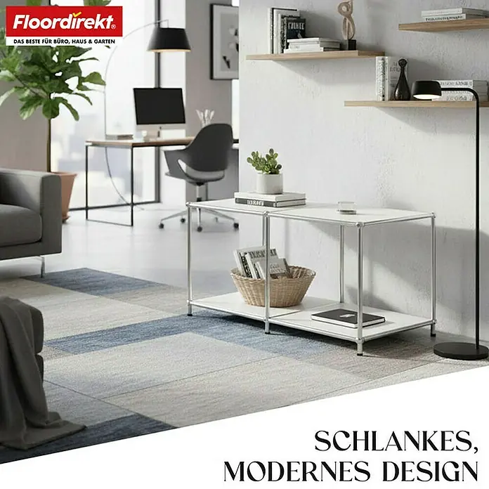 Floordirekt Metallregal Concept Epure MK-016 - 78 x 40 x 46 cm Weiß - H x B x T: 46 x 78 x 40 cm, Anzahl Böden: 2 Stk., Schrauben, Weiß - Bild eines modernen weißen Couchtisches mit zwei Ablagen und silbernem Gestell in einem Wohnraum.