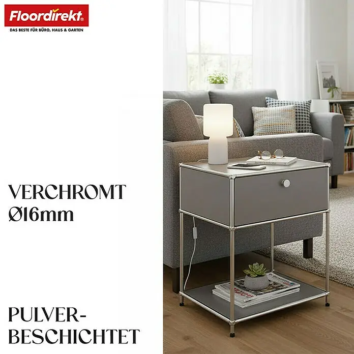 Floordirekt Metallregal Concept Epure MK-139 - 50 x 40 x 65 cm Grau - H x B x T: 65 x 50 x 40 cm, Anzahl Böden: 3 Stk., Schrauben, Grau - Elegantes graues Nachttischchen mit verchromten Beinen und pulverbeschichteten Oberflächen. Ideal für Schlafzimmer oder Wohnzimmer.